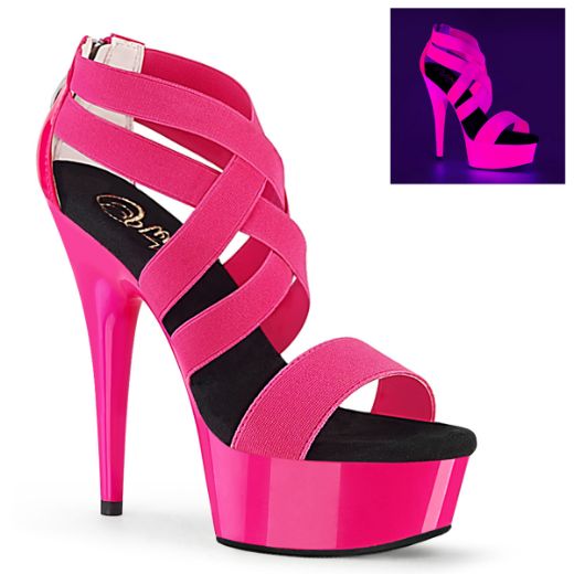 Product image of Pleaser DELIGHT-669UV Neon Hot Pink Elastic Band-Patent/Neon H P 6 inch (15.2 cm) Heel 1 3/4 inch (4.5 cm) Platform Blacklight (Uv) Reactive Criss Cross Sandal Back Zip Shoes