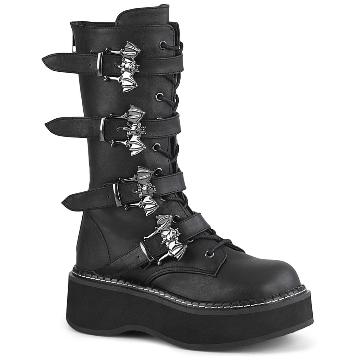 Product image of Demonia EMILY-322 Black Vegan Faux Leather 2 inch (5.1 cm) Platform Lace_Up Mid-Calf Boot With  4 Buckles Straps Back Zip