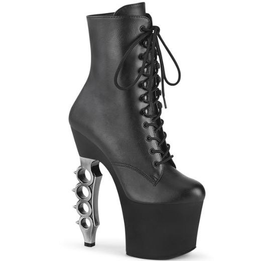Product image of Pleaser IRONGRIP-1020 Black Faux Leather/Black Matte-Silver Brushed 7 inch (17.8 cm) Brass Knuckle Heel 3 1/4 inch (8.3 cm) Platform Lace-Up Boot Side Zip