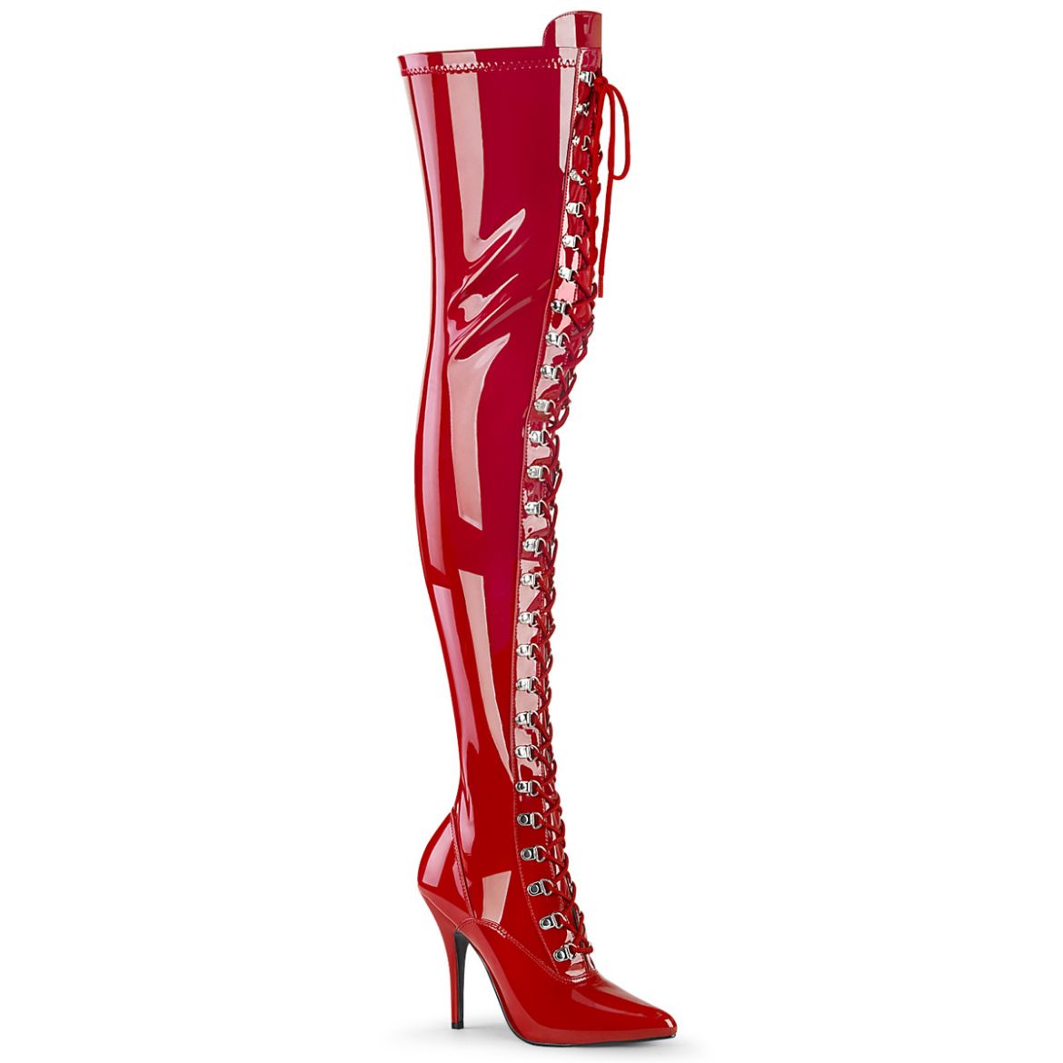 Product image of Pleaser SEDUCE-3024 Red Patent 5 inch (12.7 cm) Heel D-Ring Stretch Thigh Boot Side Zip Thigh High Boot