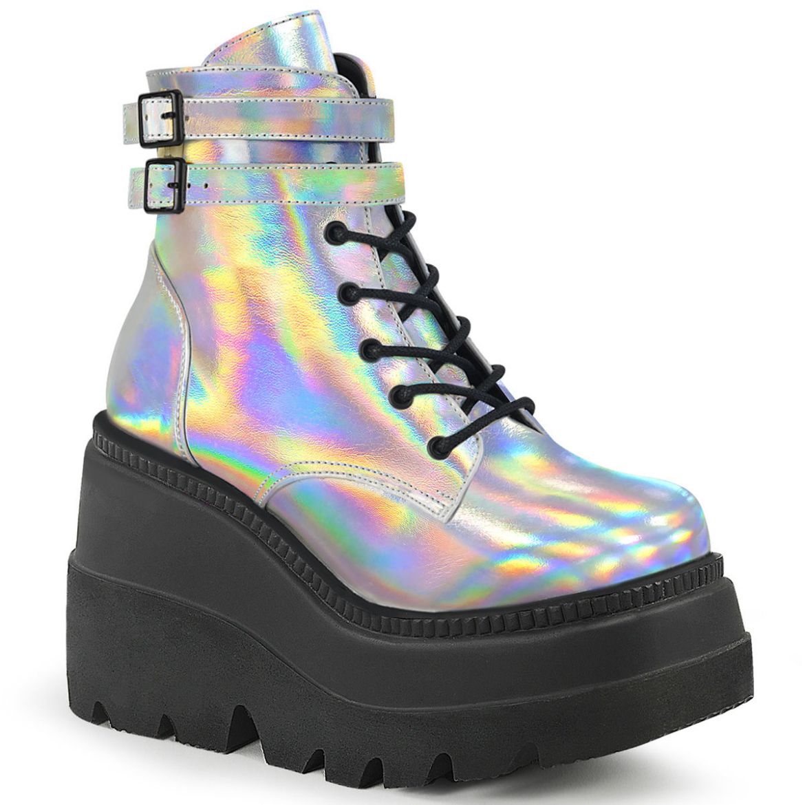 Product image of Demonia SHAKER-52 Silver Holographic 4 1/2 inch Wedge Platform Ankle Boot Side Zip