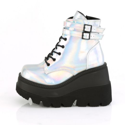 Product image of Demonia SHAKER-52 Silver Holographic 4 1/2 inch Wedge Platform Ankle Boot Side Zip