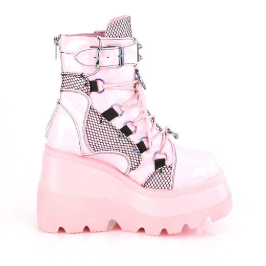Product image of Demonia SHAKER-60 Baby Pink Holographic 4 1/2 inch Wedge Platform Lace-Up Ankle Boot Back Metal Zip