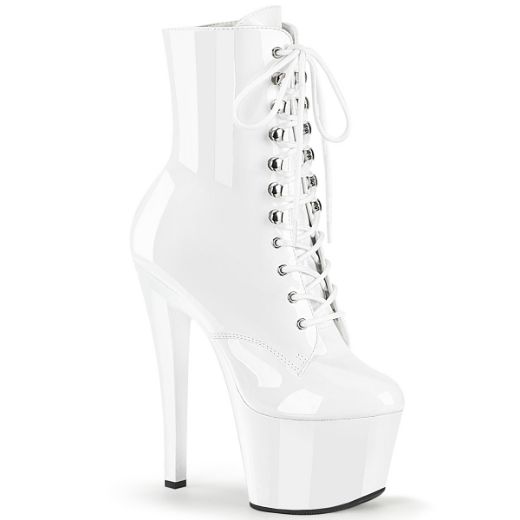Product image of Pleaser SKY-1020 White Patent/White 7 inch (17.8 cm) Heel 2 3/4 inch (7 cm) Platform Lace-Up Front Ankle Boot Side Zip