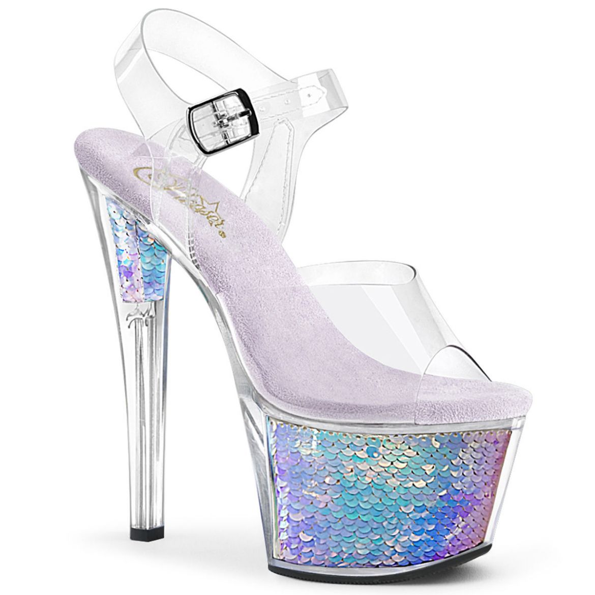 Product image of Pleaser SKY-308MC Clear/Lavender Holographic Inserts 7 inch (17.8 cm) Heel 2 3/4 inch (7 cm) Platform Ankle Strap Sandal