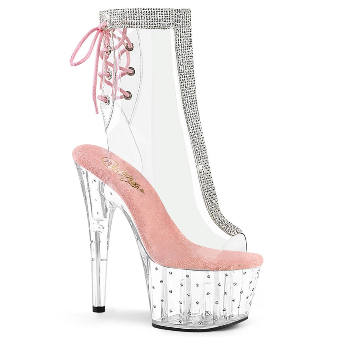 Product image of Pleaser STARDUST-1018C-2RS Clear-Baby Pink/Clear 7 inch (17.8 cm) Heel 2 3/4 inch (7 cm) Platform Open Toe/Heel Ankle Boot With Rhinestones