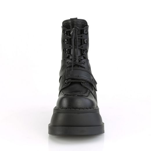 Product image of Demonia STOMP-13 Black Vegan Faux Leather 4 3/4 inch Wedge Platform Lace-Up Ankle Boot With  Hook & Loop Straps