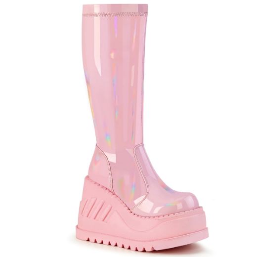 Product image of Demonia STOMP-200 Baby Pink Holographic Stretch Patent 4 3/4 inch Wedge Platform Stretch Knee High Boot Back Zip