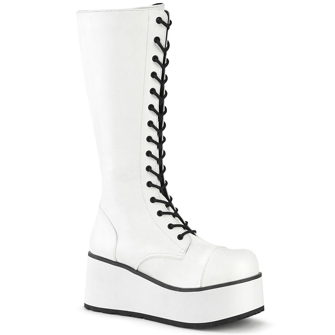 Product image of Demonia TRASHVILLE-502 White Vegan Faux Leather 3 1/4 inch Platform Lace-Up Knee High Boots Side Zip