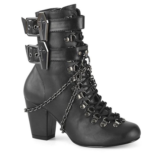 Product image of Demonia VIVIKA-128 Black Vegan Faux Leather 3 inch (7.6 cm) Block Heel Round Toe D-Ring Lace-Up Ankle Boot Size Zip