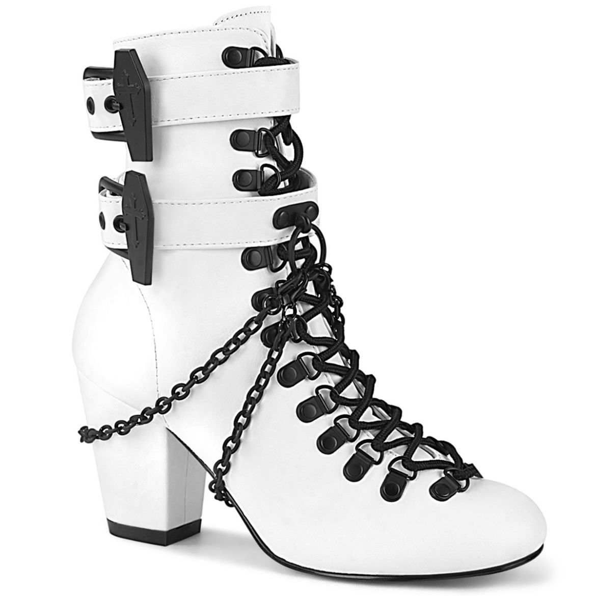 Product image of Demonia VIVIKA-128 White Vegan Faux Leather 3 inch (7.6 cm) Block Heel Round Toe D-Ring Lace-Up Ankle Boot Size Zip