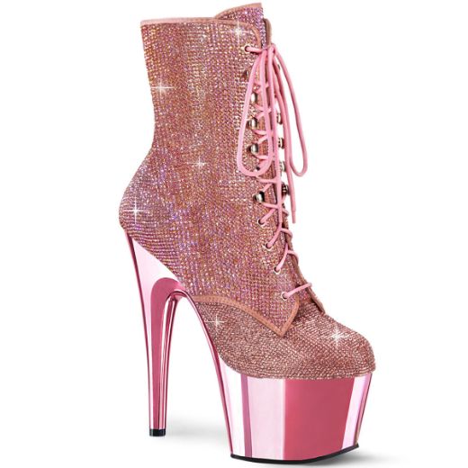 Image of Pleaser ADORE-1020CHRS B. Pink RS/B. Pink Chrome 7 Inch Heel  2 3/4 Inch PF RS Embellished Ankle Boot Side Zip