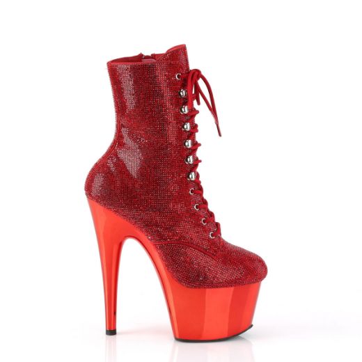 Image of Pleaser ADORE-1020CHRS Red RS/Red Chrome 7 Inch Heel  2 3/4 Inch PF RS Embellished Ankle Boot Side Zip
