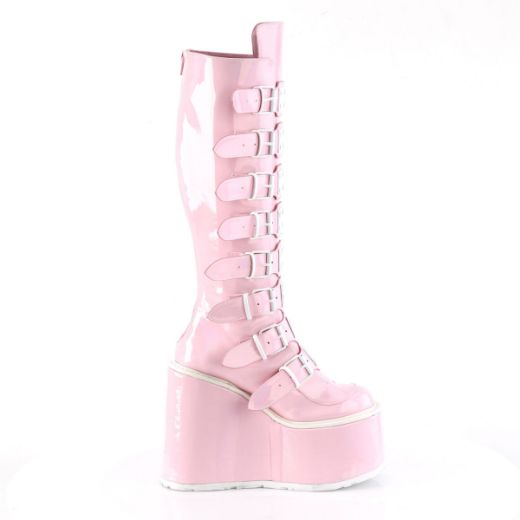 Image of Demonia SWING-815 B.Pink Hologram 5 1/2 Inch PF Knee High Boot w/ 8 Buckle Straps Back Metal Zip