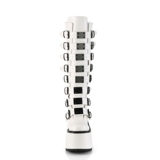 Image of Demonia SWING-815 Wht Vegan Leather 5 1/2 Inch PF Knee High Boot w/ 8 Buckle Straps Back Metal Zip