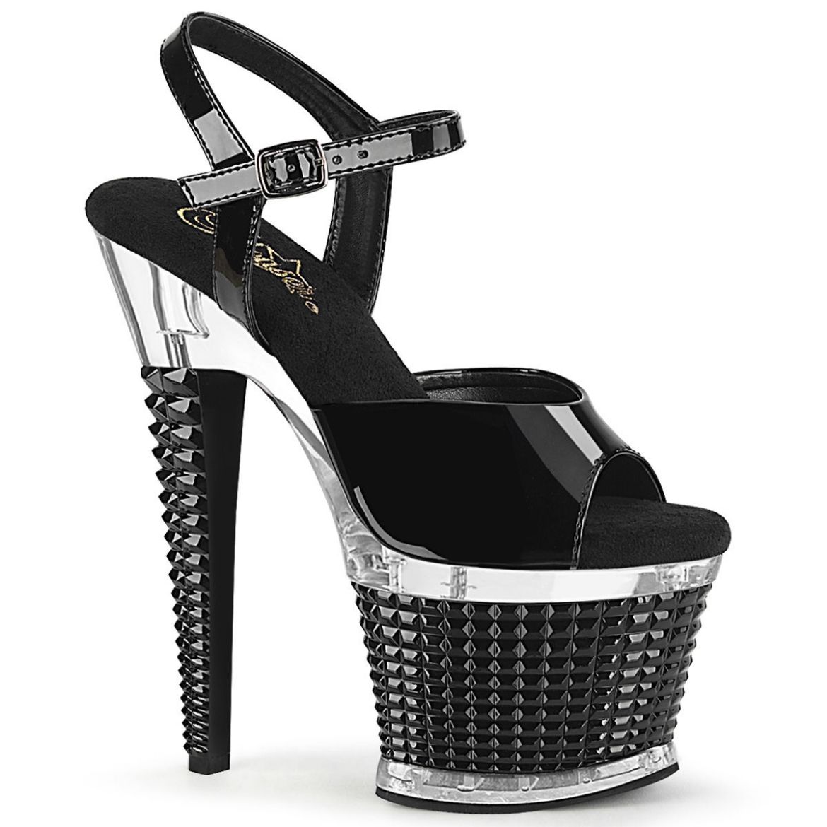 Image of Pleaser SPECTATOR-709 Blk Pat/Clr-Blk 7 Inch Heel 3 Inch Textured PF Ankle Strap Sanda