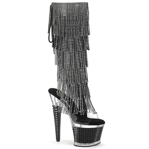 Image of Pleaser SPECTATOR-2017RSF Clr-Blk/Clr-Blk 7 Inch Heel 3 Inch Textured PF Open Toe/Heel Knee Boot Side Zip