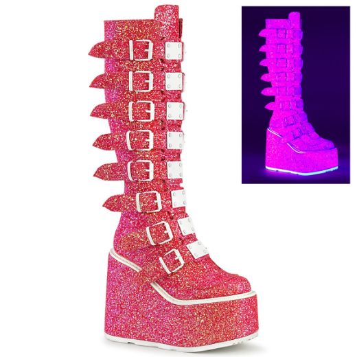 Image of Demonia SWING-815UV Pink Glitter 5 1/2 Inch PF Knee High Boot w/ 8 Buckle Straps Back Metal Zip
