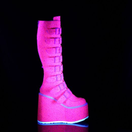 Image of Demonia SWING-815UV Pink Glitter 5 1/2 Inch PF Knee High Boot w/ 8 Buckle Straps Back Metal Zip