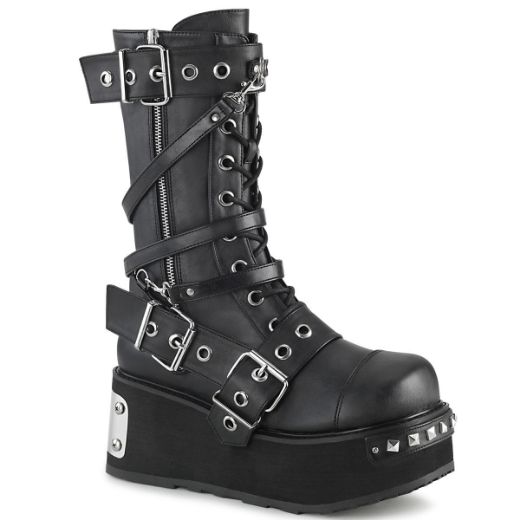 Image of Demonia TRASHVILLE-250 Blk Vegan Leather 3 1/4 Inch PF Mid-Calf Boot w/ Wrap Around Straps Outside Zip