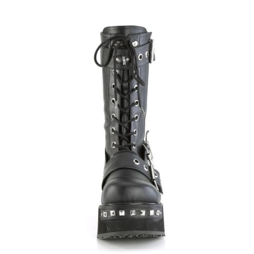 Image of Demonia TRASHVILLE-250 Blk Vegan Leather 3 1/4 Inch PF Mid-Calf Boot w/ Wrap Around Straps Outside Zip
