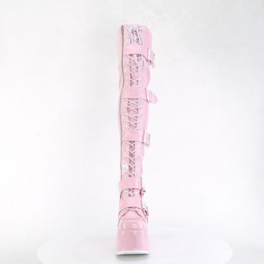 Image of Demonia CAMEL-305 B. Pink Stretch Hologram 5 Inch Chunky Heel 3 Inch PF Thigh-High Lace-Up Boot Inside Zip