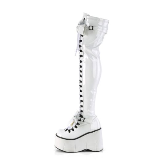 Image of Demonia KERA-303 Wht Stretch Patent 4 1/2 Inch Wedge PF Lace-Up Stretch Thigh Boot Side Zip