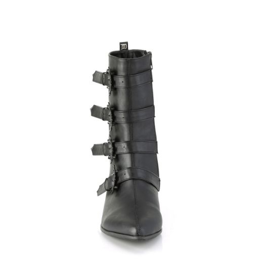 Image of Demonia WARLOCK-110-B Blk Vegan Leather 1 1/2 Inch Block Heel Pointed Toe Mid-Calf Boot Side Zip