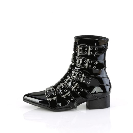Image of Demonia WARLOCK-70 Blk Pat 1 1/2 Inch Block Heel Pointed Toe Calf High Boot Back Zip