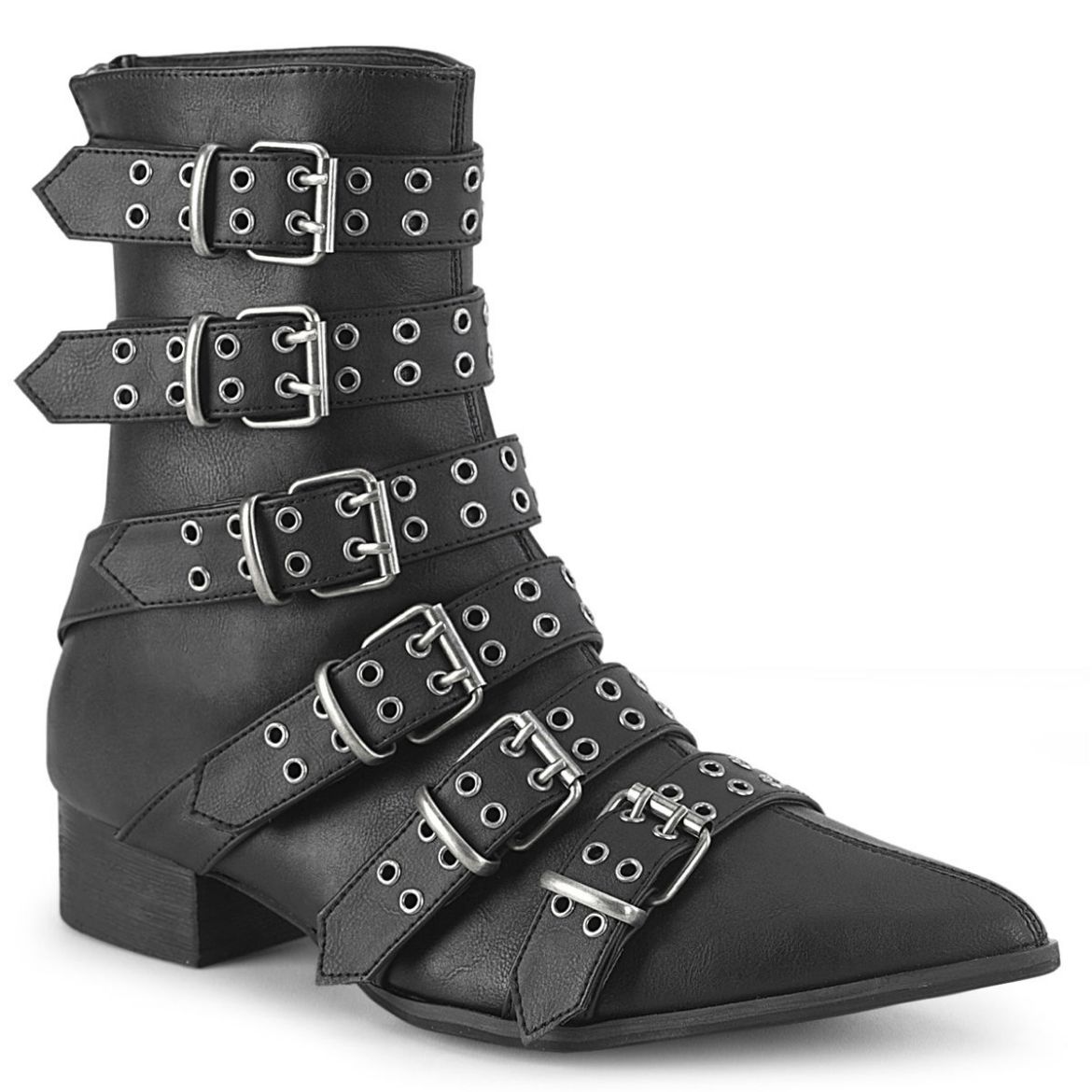 Image of Demonia WARLOCK-70 Blk Vegan Leather 1 1/2 Inch Block Heel Pointed Toe Calf High Boot Back Zip