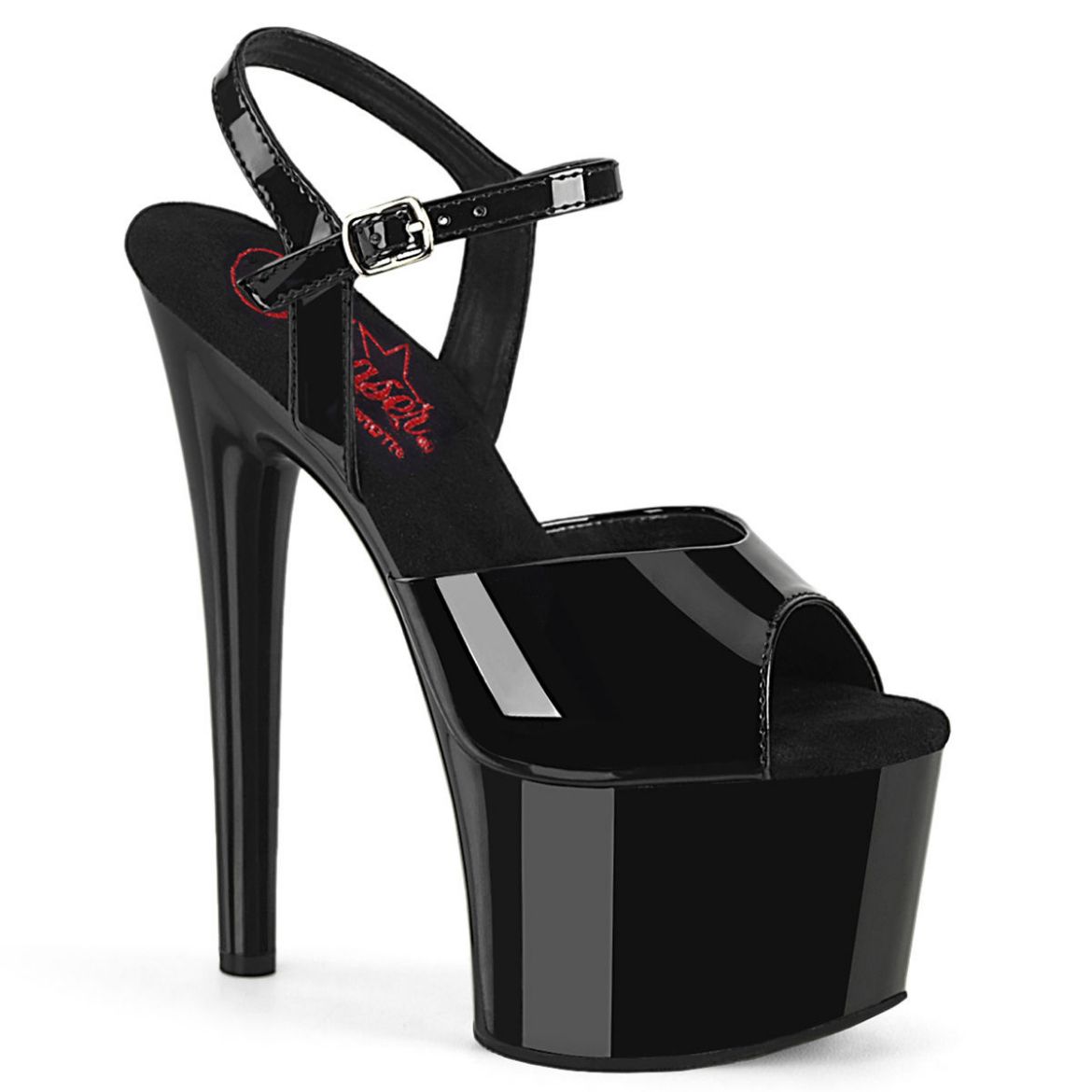 Image of Pleaser PASSION-709 Blk Pat/Blk 7 Inch Heel 2 3/4 Inch PF Ankle Strap Sandal