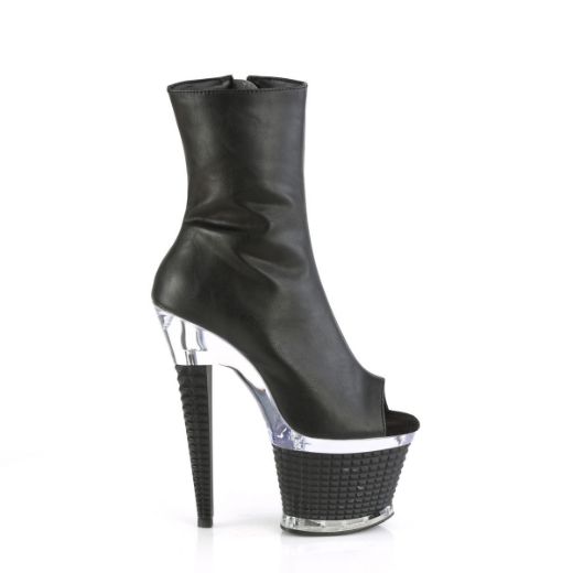 Image of Pleaser SPECTATOR-1012 Blk Faux Leather/Clr-Blk Matte 7 Inch Heel 3 Inch Textured PF Peep Toe Ankle Boot Side Zip