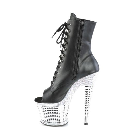Image of Pleaser SPECTATOR-1021RS Blk Faux Leather/Slv RS-Chrome 7 Inch Heel 3 Inch Textured PF Peep Toe Ankle Boot Side Zip
