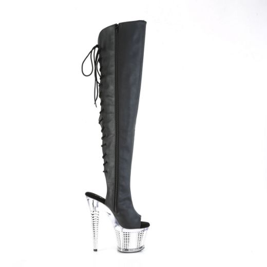 Image of Pleaser SPECTATOR-3019 Blk Faxur Leather/Clr-Slv Chrome 7 Inch Heel 3 Inch Textured PF Over-The-Knee Boot Side Zip