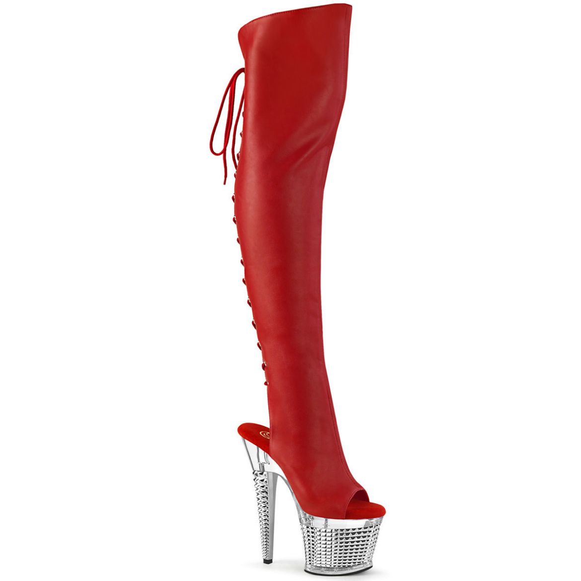 Image of Pleaser SPECTATOR-3019 Red Faux Leather/Clr-Slv Chrome 7 Inch Heel 3 Inch Textured PF Over-The-Knee Boot Side Zip
