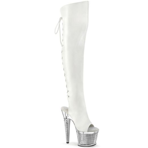 Image of Pleaser SPECTATOR-3019 Wht Faux Leather/Clr-Slv Chrome 7 Inch Heel 3 Inch Textured PF Over-The-Knee Boot Side Zip