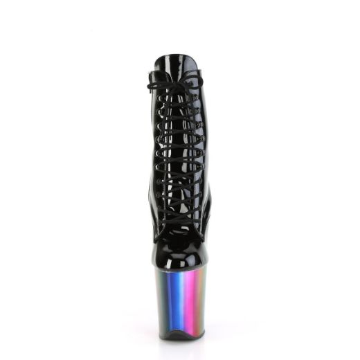 Image of Pleaser FLAMINGO-1020RC Blk Pat/Rainbow Chrome 8 Inch Heel 4 Inch Chromed PF Lace-Up Ankle Boot Side Zip