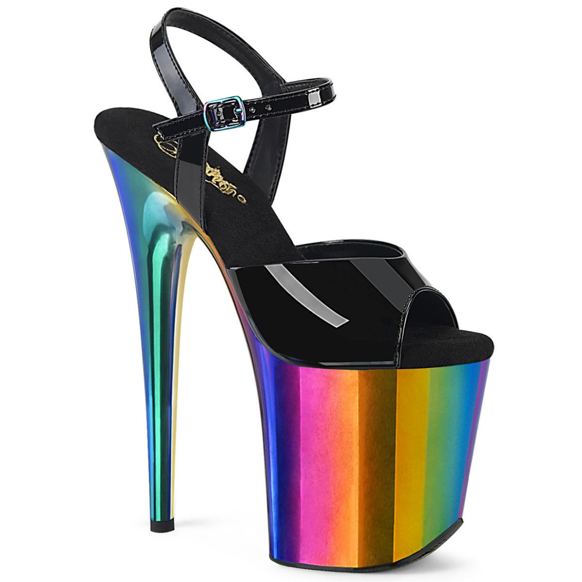 Image of Pleaser FLAMINGO-809RC Blk Pat/Rainbow Chrome 8 Inch Heel 4 Inch Chrome Plated PF Ankle Strap Sandal