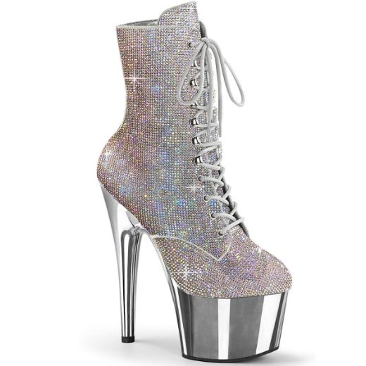 Image of Pleaser ADORE-1020CHRS Slv Multi RS/Slv Chrome 7 Inch Heel  2 3/4 Inch PF RS Embellished Ankle Boot Side Zip
