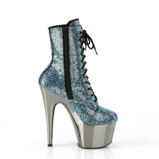 Image of Pleaser ADORE-1020CHRS Turquoise Multi RS/Pewter Chrome 7 Inch Heel  2 3/4 Inch PF RS Embellished Ankle Boot Side Zip