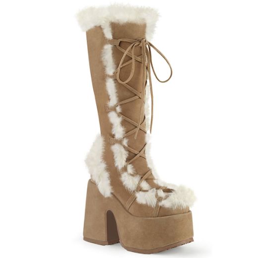 Image of Demonia CAMEL-311 Camel Vegan Suede 5 Inch Chunky Heel 3 Inch P/F Lace-Up Knee High Boot Side Zip