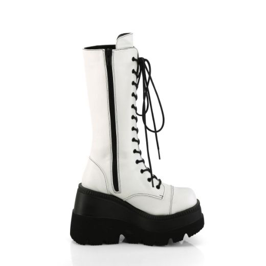 Image of Demonia SHAKER-72 Wht Vegan Leather 4 1/2 Inch Wedge PF Lace-Up Mid-Calf Boot Side Zip