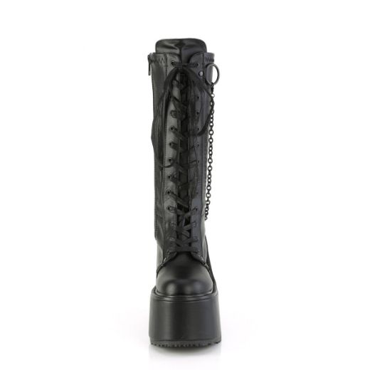 Image of Demonia SWING-150 Blk Stretch Vegan Leather 5 1/2 Inch PF Lace-Up Knee High Boot Side Zip