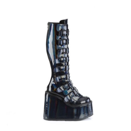 Image of Demonia SWING-815 Blk Holographic Pat 5 1/2 Inch PF Knee High Boot w/ 8 Buckle Straps Back Metal Zip