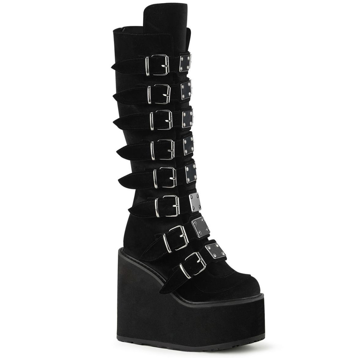 Image of Demonia SWING-815 Blk Velvet 5 1/2 Inch PF Knee High Boot w/ 8 Buckle Straps Back Metal Zip
