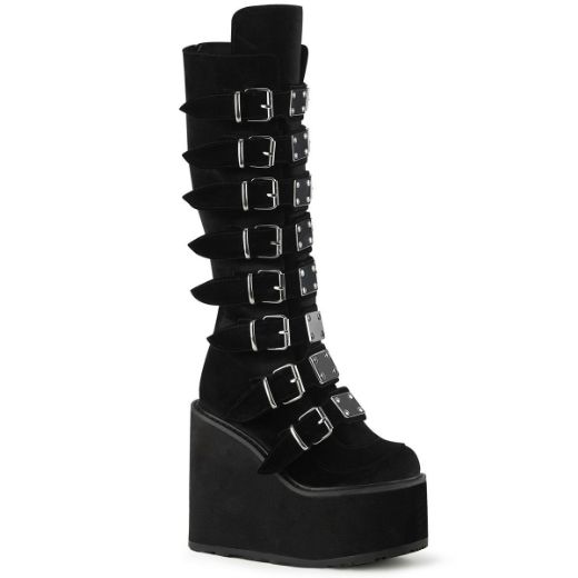 Image of Demonia SWING-815 Blk Velvet 5 1/2 Inch PF Knee High Boot w/ 8 Buckle Straps Back Metal Zip