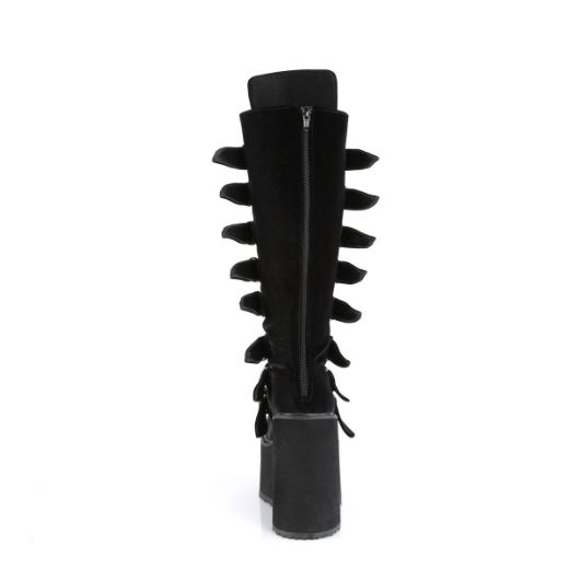 Image of Demonia SWING-815 Blk Velvet 5 1/2 Inch PF Knee High Boot w/ 8 Buckle Straps Back Metal Zip