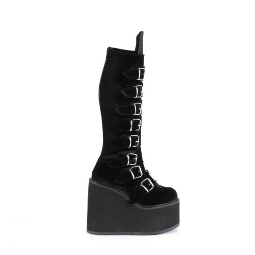 Image of Demonia SWING-815 Blk Velvet 5 1/2 Inch PF Knee High Boot w/ 8 Buckle Straps Back Metal Zip