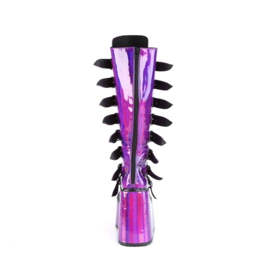 Image of Demonia SWING-815 Purple Holographic Pat 5 1/2 Inch PF Knee High Boot w/ 8 Buckle Straps Back Metal Zip