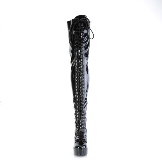 Product image of Pleaser ELECTRA-3023 Blk Str. Pat/Blk 5 Inch Heel 1 1/2 Inch PF Lace-Up Stretch Thigh Boot Side Zip